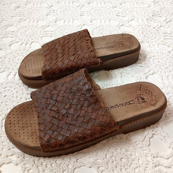 London Underground Slide Sandals Brown Woven Leather Slip On Open Toe 7.5 Women - Picture 1 of 8